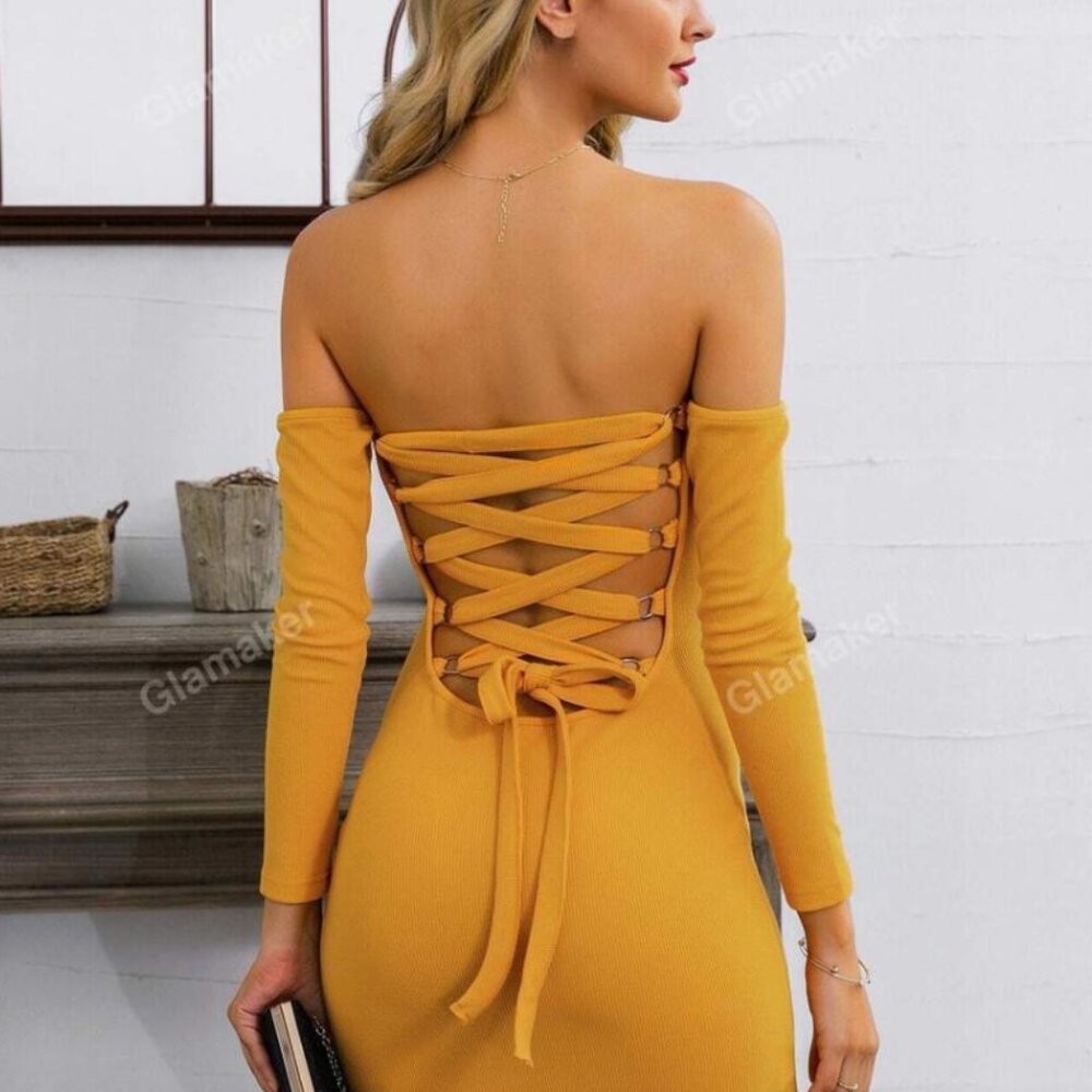 Mustard Yellow Off Shoulder Lace Up Back Bodycon Dress Size: Small
